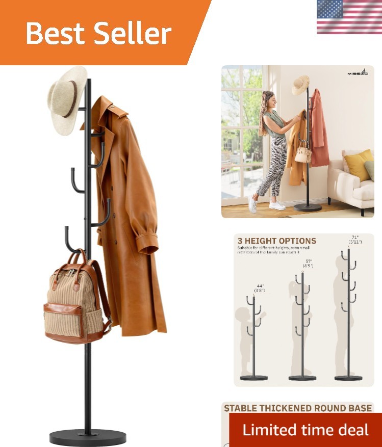 Heavy Duty Coat Rack Freestanding 6 Hook Clothes Tree with Wooden Base Black