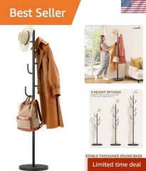 Heavy Duty Coat Rack Freestanding 6 Hook Clothes Tree with Wooden Base Black