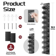 Hat Organizer Hold up to 20 Hats, 2 Pack Hat Rack for Wall with Black 2pcs