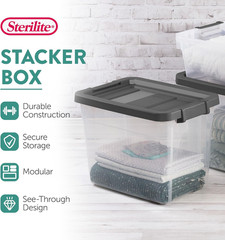6-Pack Modular Stacker Box, Durable Clear Plastic Storage Bins with Latching Lid