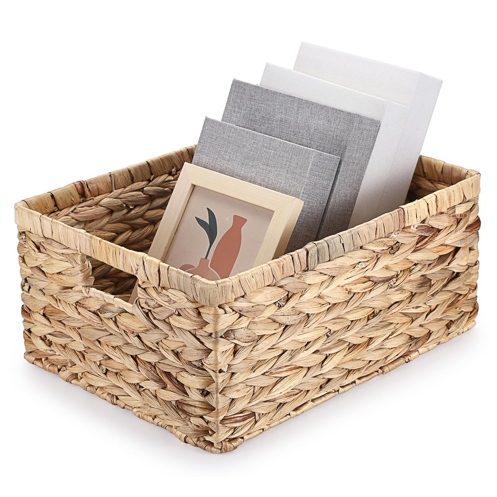 Natural Water Hyacinth Rectangular Storage Basket Organizer 15.9x12x7.1 Inch