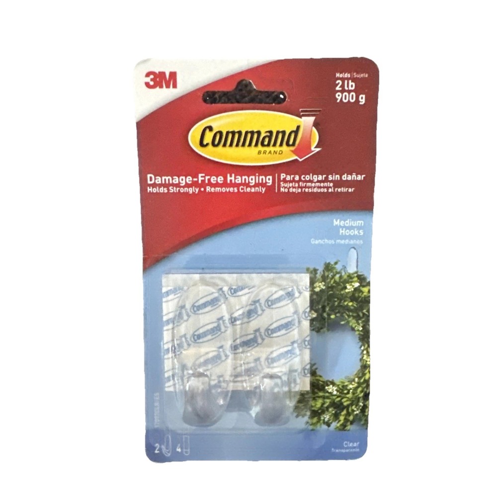 3M Command Clear Medium Hooks Holds 2 lb 2 Hooks 4 Strips New