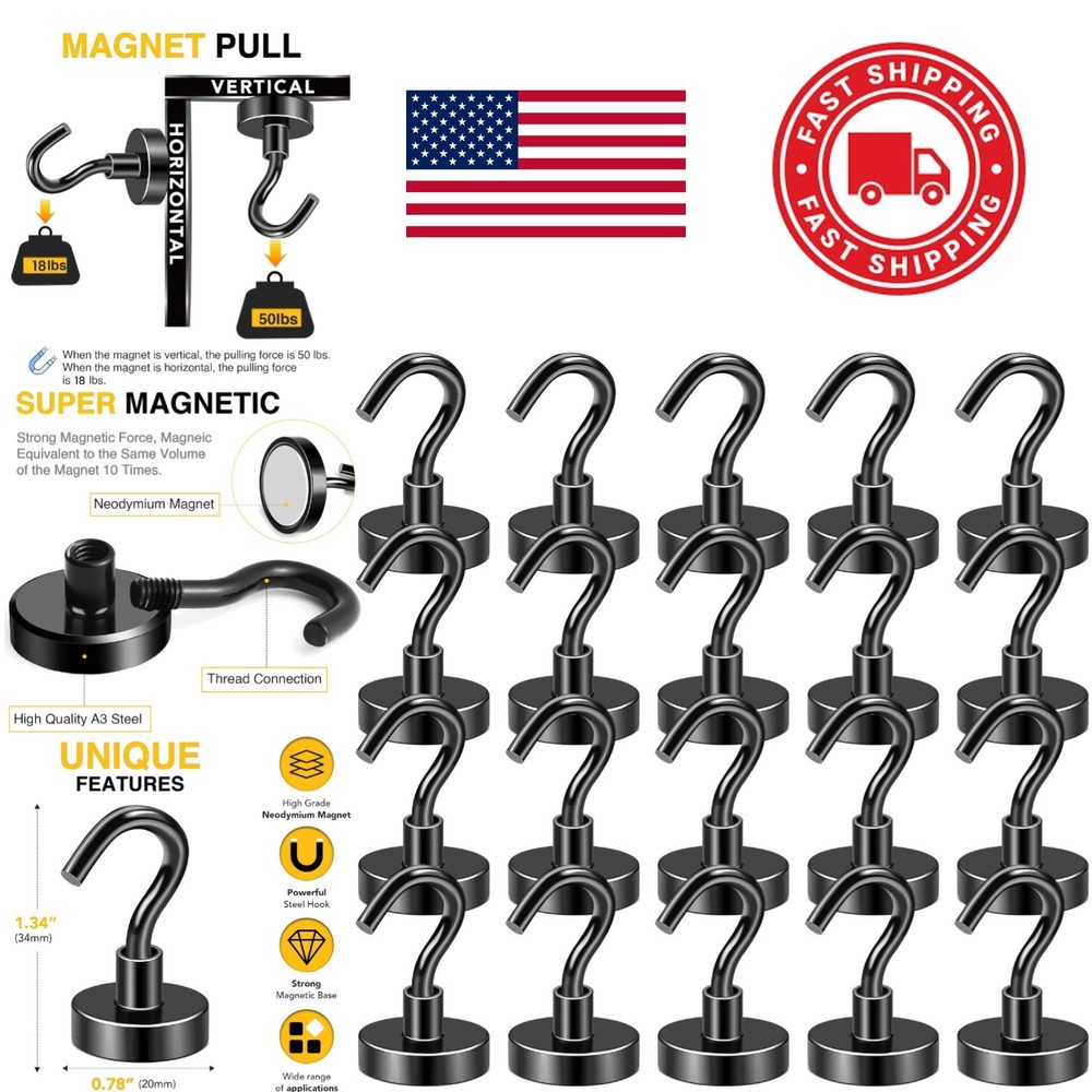 Versatile Magnetic Hooks 50 LB Capacity 20 Pack Black Neodymium for Home Office