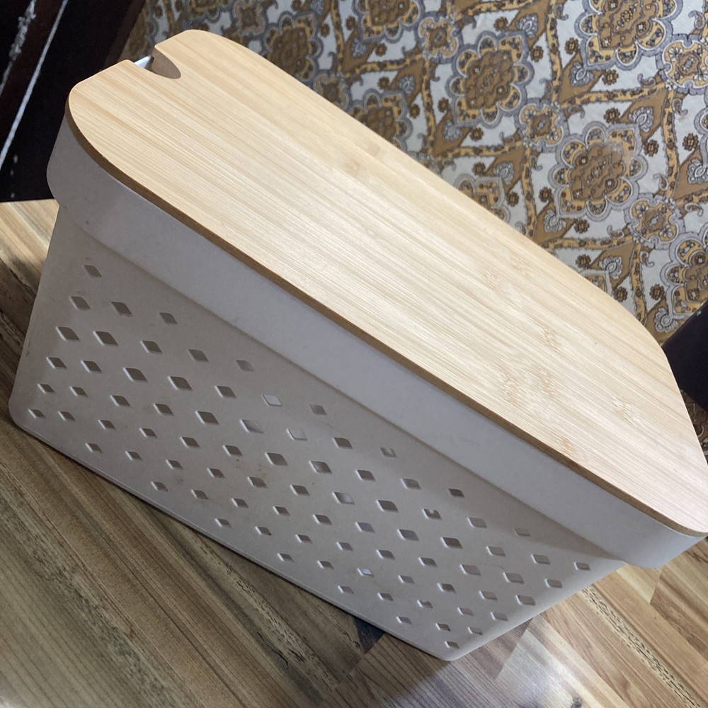 White Ventilated Storage Bin Bamboo Lid Organization Kitchen Bedroom Bath