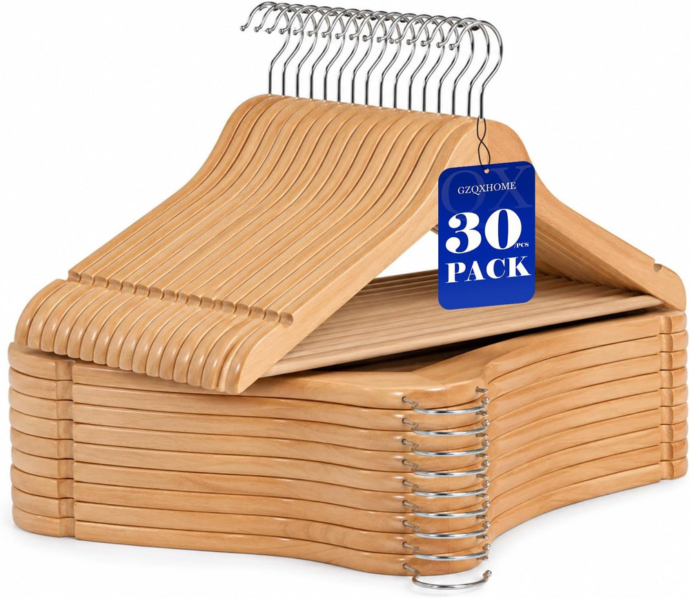 30 Pack Quality Wooden Hangers with Rotatable Hook for Coat Jacket | Space Savin
