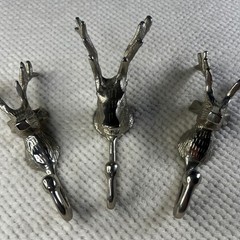 Silver Metal Stag Head Wall Hooks Set of 3 Deer Antler Rustic Lodge Decor
