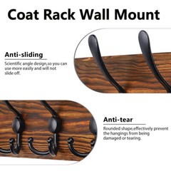 Brown Pine Wood Wall Mounted Coat Rack 5Hooks for Coats Jackets Clothes Hats Key