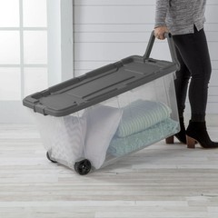 Sterilite 160 Quart Wheeled Stacker, Latch Lid and Pull Handle, Gray, 2 Count