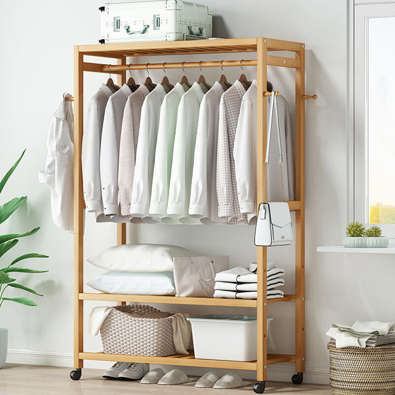 Strong Bamboo Clothes Rail Scarf Cart Hanging Garment Coat Rack Stand On Wheels