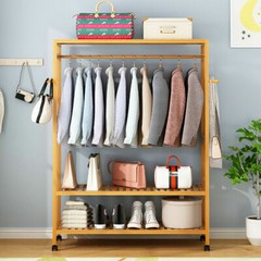 Strong Bamboo Clothes Rail Scarf Cart Hanging Garment Coat Rack Stand On Wheels
