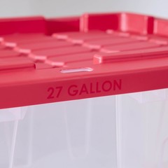 (Pack of 4 Hyper Tough 27 Gallon Clear Storage Bin with Red Snap Lid, Heavy Dut