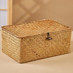 Natural Seagrass Storage Basket Set 3-Piece with Lids Handwoven Boxes