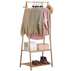 Bamboo Clothing Rack with Top Hanging Garment Rod, 2 Side Hooks & Bottom 2-Ti…