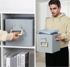 Stylish Collapsible Storage Cubes with Wood Handle – 4 Pack, Gray