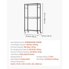 Uimoso Adjustable 3-Tier Rolling Garment Rack for Clothing Storage, Black