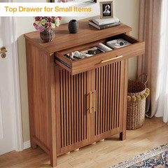 43 In. H X 32 In. W Brown Wood Shoe Storage Cabinet with Adjustable Shelves and