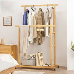 Double Hanging Rod Wooden Clothes Rack Portable Rolling Garment Rack Organizer