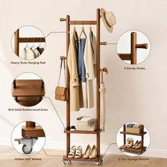 Freestanding Solid Wood Coat Rack with Wheels, 5 Hooks & 2 Shelves – Heavy Duty