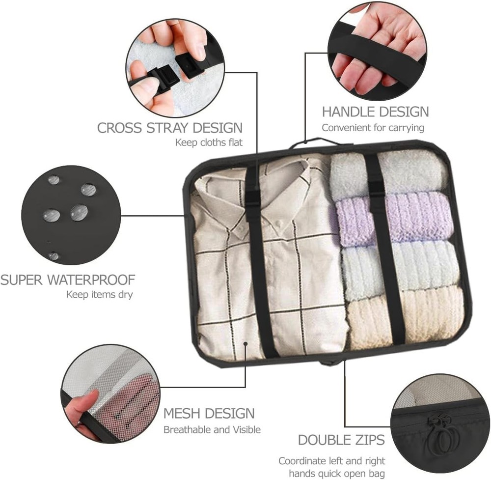 Black 6 Piece Packing Cubes for Suitcases Travel Luggage Packing Organizers