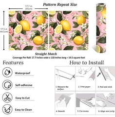 VEELIKE 17.7″W x 118″L Pink Lemon Citrus Wallpaper Stick & Peel Waterproof Paper
