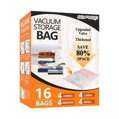 Vacuum Seal Storage Bags for Clothing – 16 Pack (4 Jumbo, Large, Medium, Small)