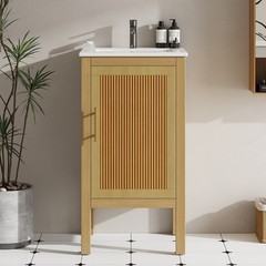 18 Inch Natural Wood Bathroom Vanity Cabinet with Ceramic Sink Adjustable Shelf