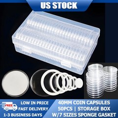 50pack 40mm Coin Capsules For 1oz Silver Bullion w/Box+7 Sizes Sponge Gaskets US