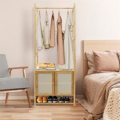 Large Bamboo Garment Rack Coat Storage Shelves Clothes Rail+ Pant Rack + Cabinet