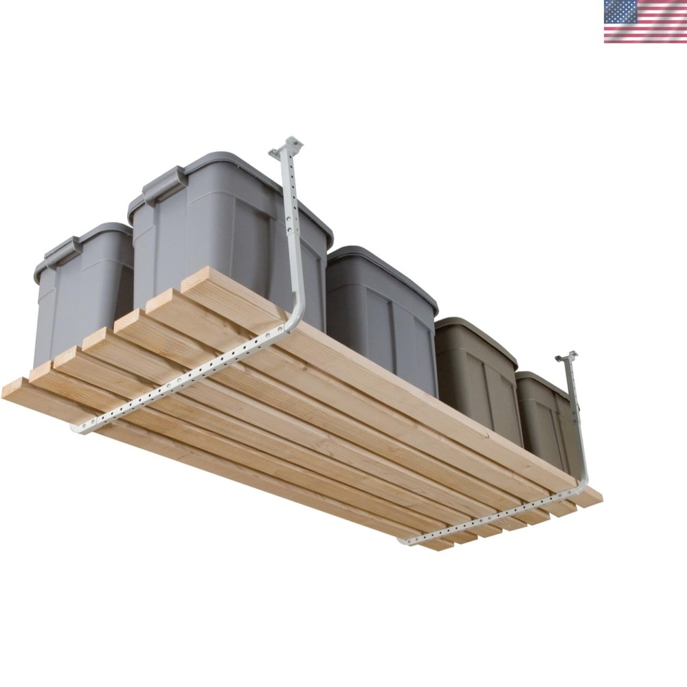 Garage Ceiling Storage Rack Kit Adjustable White Heavy Duty Overhead Shelving