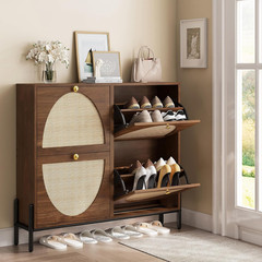 Rattan Shoe Cabinet Storage with 4 Flip Drawers, Freestanding Shoe Storage Organ