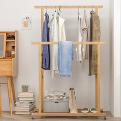 XXL Heavy Duty Bamboo Clothes Rail Garment Stand Hanging Rack with Rolling Wheel