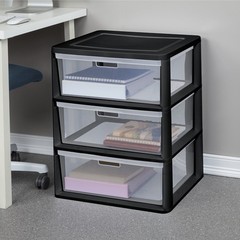 2 Pack Sterilite Wide 3 Drawer Tower Black Plastic Storage Organizer Cart Unit